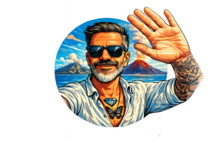 Avatar illustrato di Leoliano Scalzo con mano alzata in segno di saluto davanti al vulcano Stromboli
