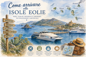 Illustrazione ad acquerello delle Isole Eolie con aliscafi, traghetti, porti di partenza e mappa dell'arcipelago per raggiungere Lipari, Vulcano, Salina, Panarea, Stromboli, Filicudi e Alicudi.