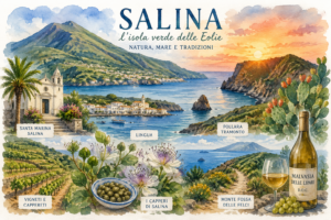 Acquerello panoramico dell'isola di Salina nelle Eolie con Pollara al tramonto, Lingua, Santa Marina Salina, Monte Fossa delle Felci, vigneti, capperi e Malvasia delle Lipari.