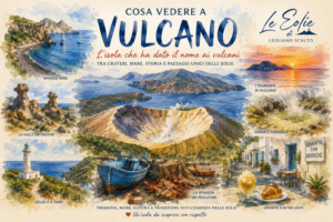 Illustrazione ad acquerello dell'isola di Vulcano nelle Eolie con il Gran Cratere della Fossa, Vulcanello, la Valle dei Mostri, Gelso, le spiagge nere e il mare cristallino.