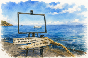 Illustrazione ad acquerello di una cornice affacciata sul mare delle Isole Eolie con una barca all'orizzonte e il cartello “Il quadro più bello lo ha dipinto la natura... e tu ci sei dentro”.