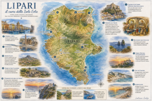 Mappa illustrata di Lipari con Castello di Lipari, Marina Corta, Presepe del Mare, Belvedere Quattrocchi, Chiesa Vecchia di Quattropani, Cave di Caolino, Acquacalda, Porticello, Monte Pilato e Terme di San Calogero.