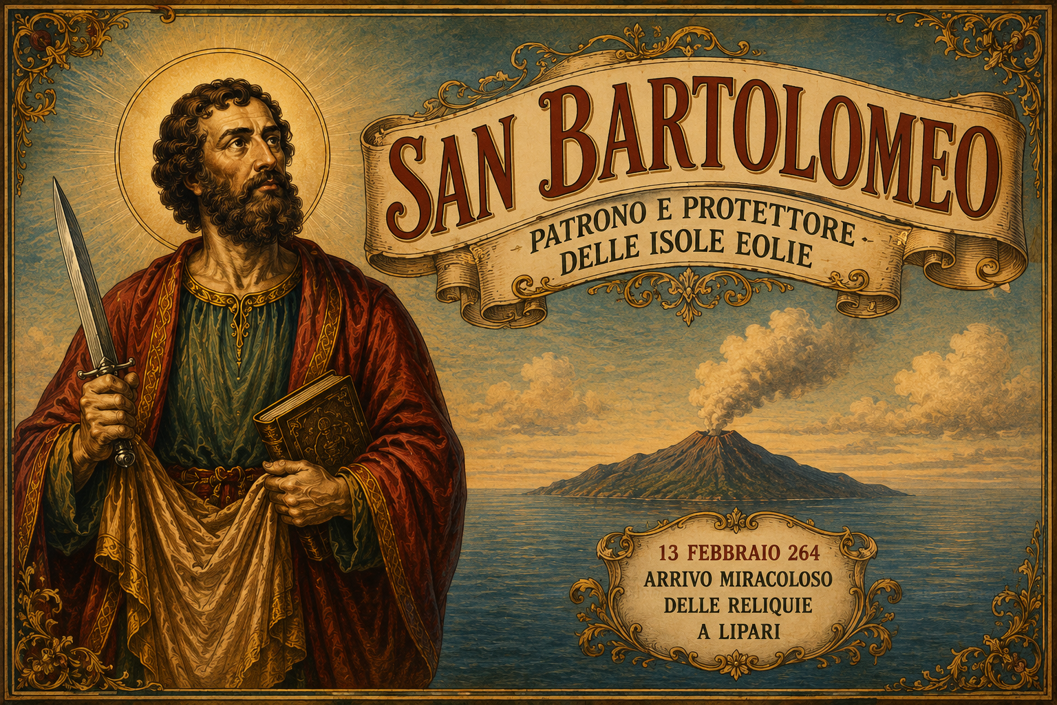 San Bartolomeo patrono delle Isole Eolie con Lipari e il vulcano