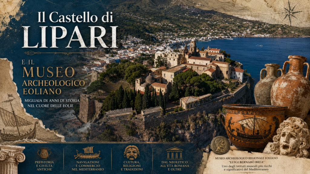 Veduta del Castello di Lipari con il Museo Archeologico Eoliano Luigi Bernabò Brea, anfore e reperti archeologici delle Isole Eolie.