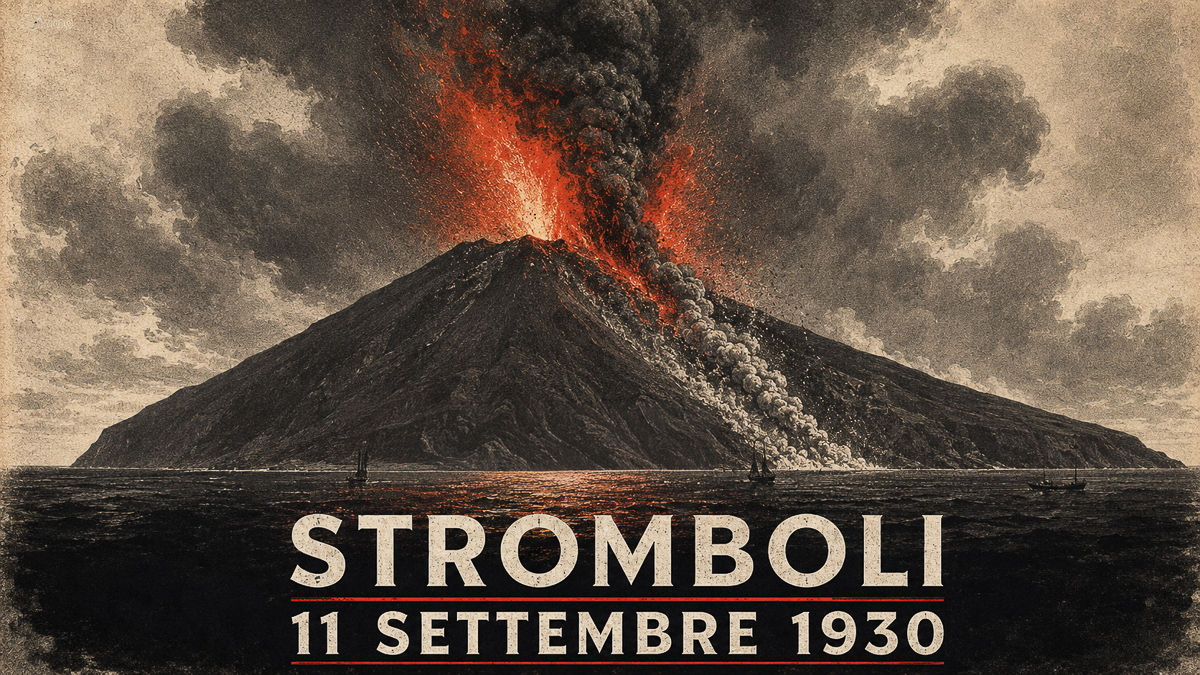 Ricostruzione artistica dell’eruzione di Stromboli dell’11 settembre 1930, con colonna eruttiva e corrente piroclastica