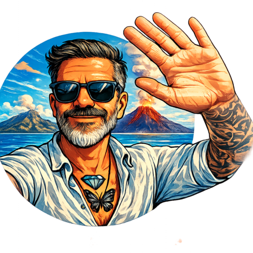 Avatar illustrato di Leoliano Scalzo con mano alzata in segno di saluto davanti al vulcano Stromboli