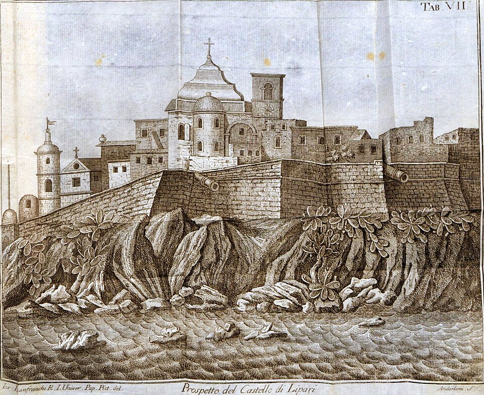 Incisione storica del Castello di Lipari tratta dall’opera di Lazzaro Spallanzani