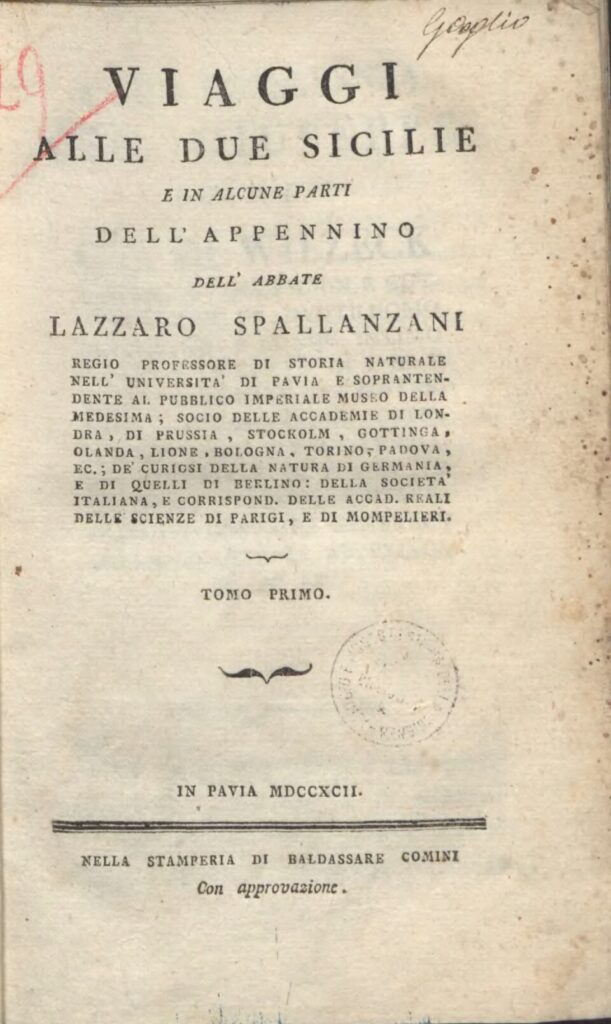Frontespizio originale del 1792 dei Viaggi alle Due Sicilie di Lazzaro Spallanzani
