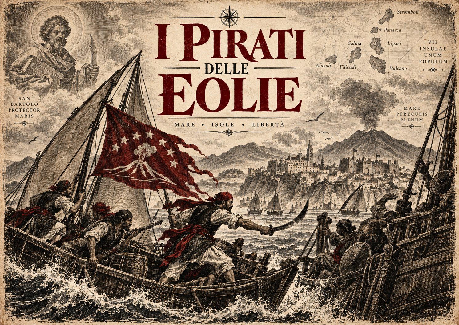 Illustrazione storica sui pirati delle Eolie con corsari eoliani, Lipari, San Bartolomeo, Stromboli e le sette isole dell’arcipelago. leoliano scalzo